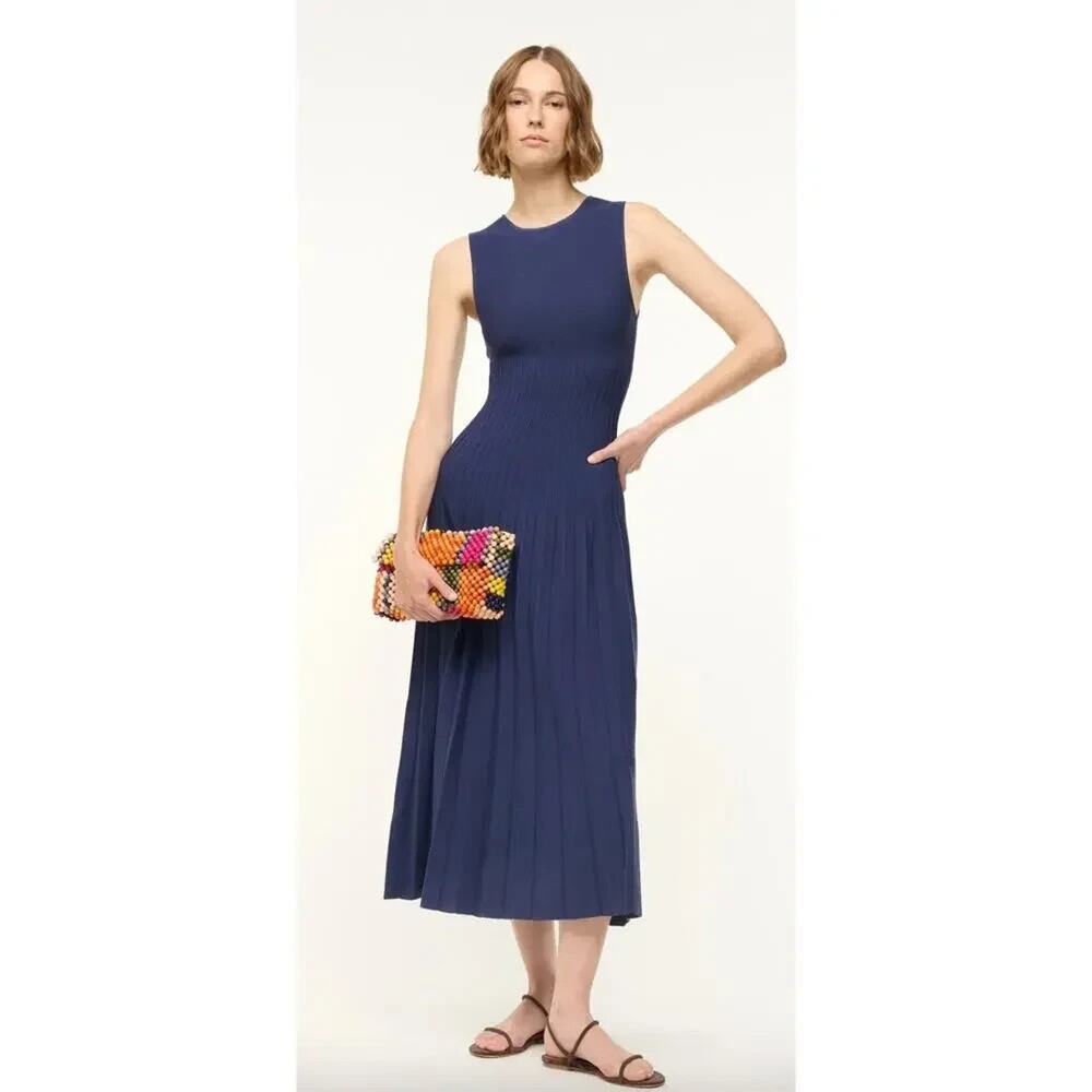 STAUD Navy Blue Pleated Midi Elyse Dress Size XS